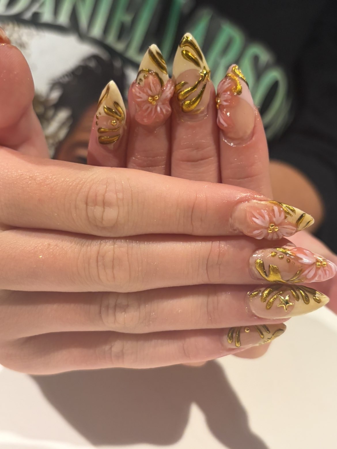 Champagne gold 3D floral nail art by Avy