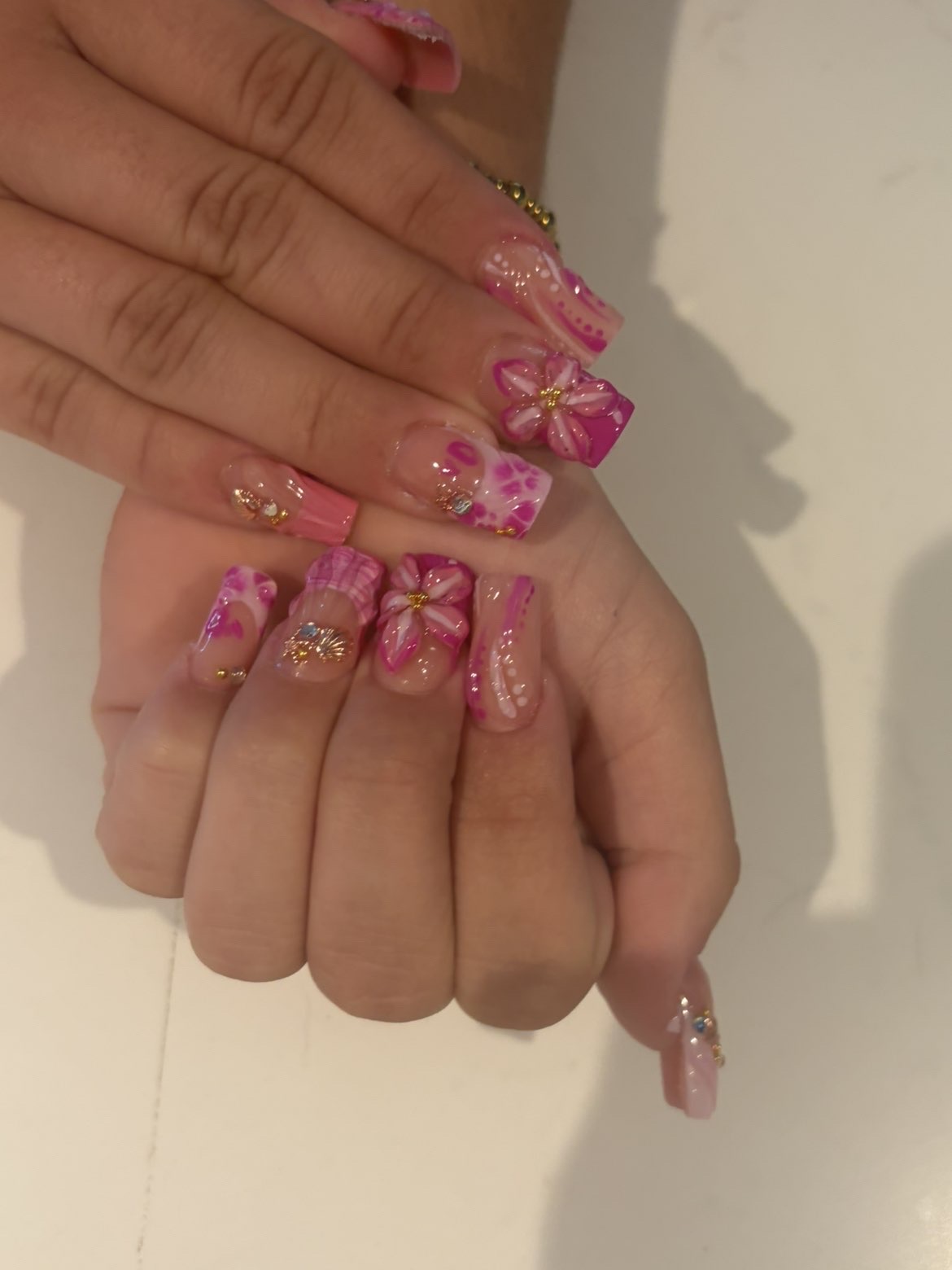 Hot pink 3D floral nail art