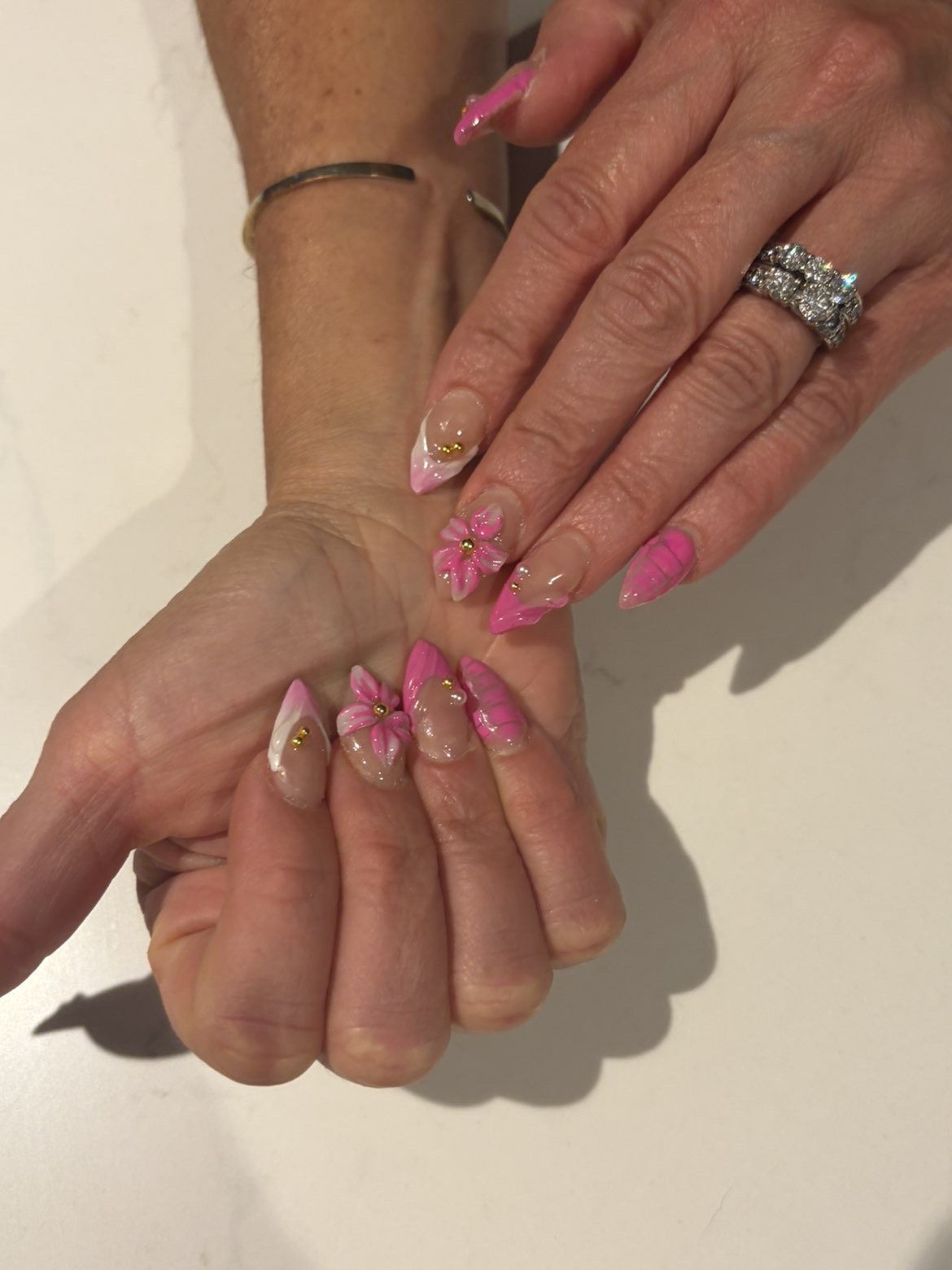 Pink 3D floral French manicure