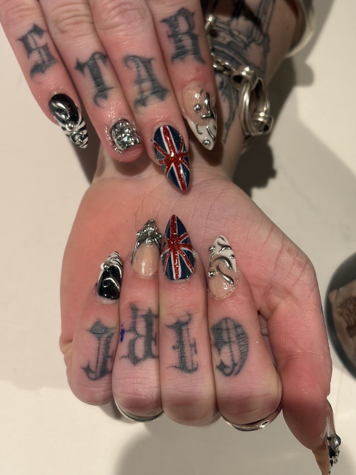 Union Jack flag nail with liquid chrome accents